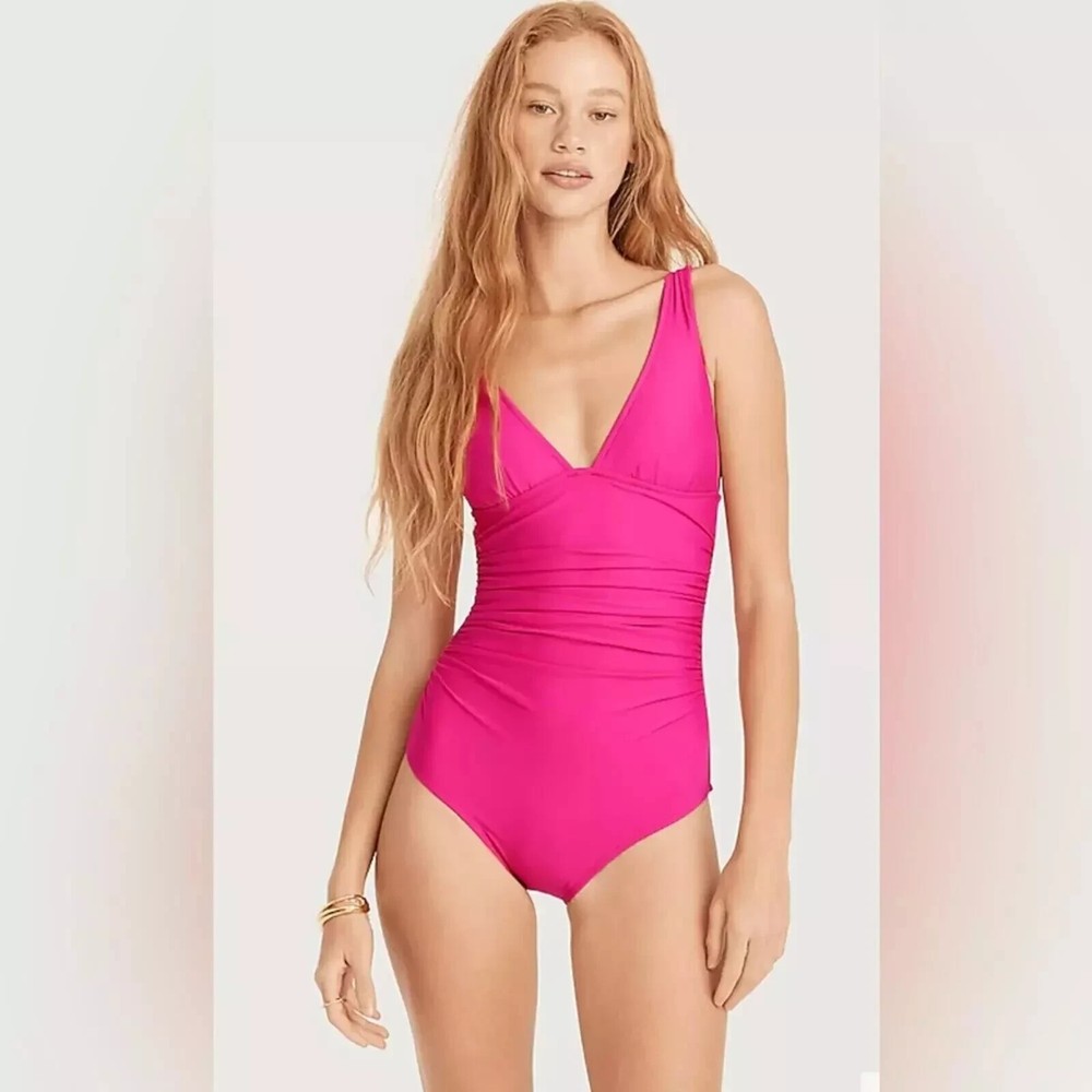 J.Crew Womens Ruched V-Neck One-Piece Swimsuit in Radiant Fuchsia Size 10