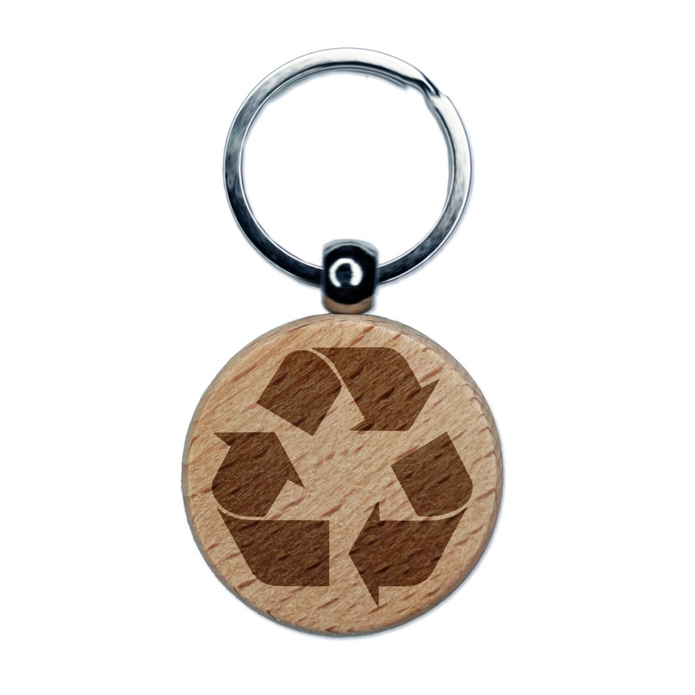Recycle Symbol Solid Engraved Wood Round Keychain Tag Charm