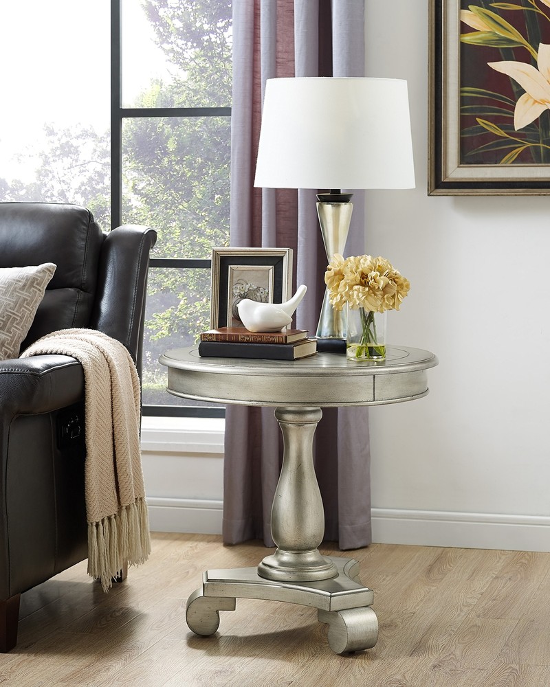Contemporary Champagne Wood Pedestal Side Table by Rene