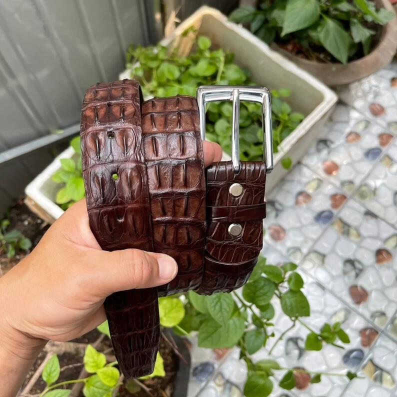 US 26-48 Men Leather Belt, Hornback Leather Brown, Pin Buckle Dress Work Belt