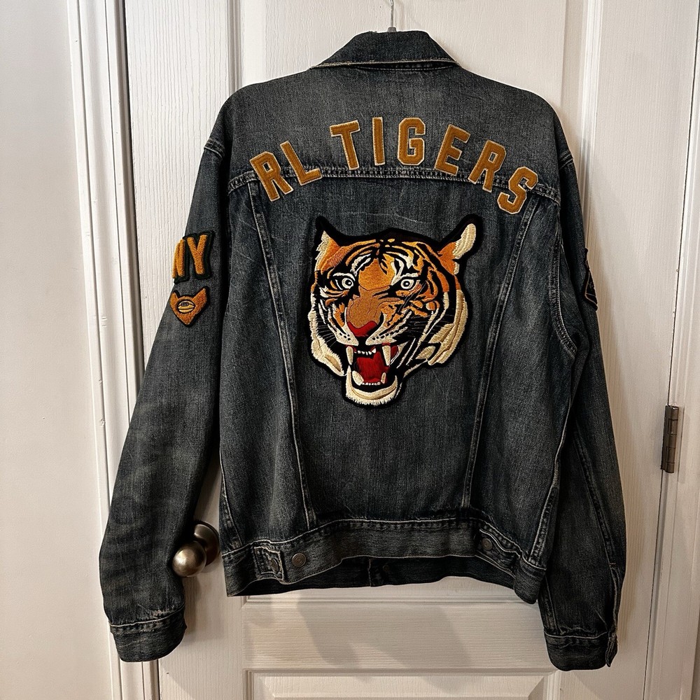 Polo Ralph Lauren Denim Embroidered Varsity Jacket RL Tigers 1967 Sz L/G