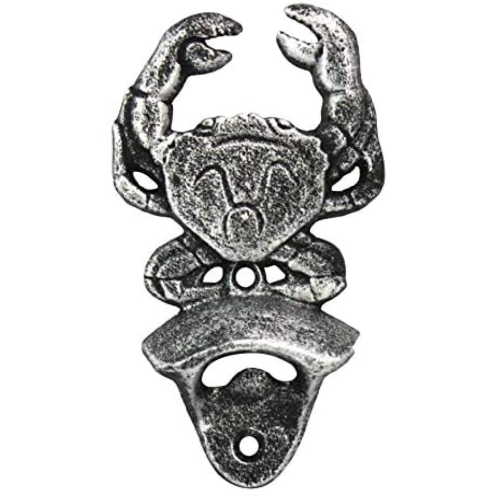 Vintage Silver Cast Iron Crab Bottle Opener Wall Mount 6 Inches