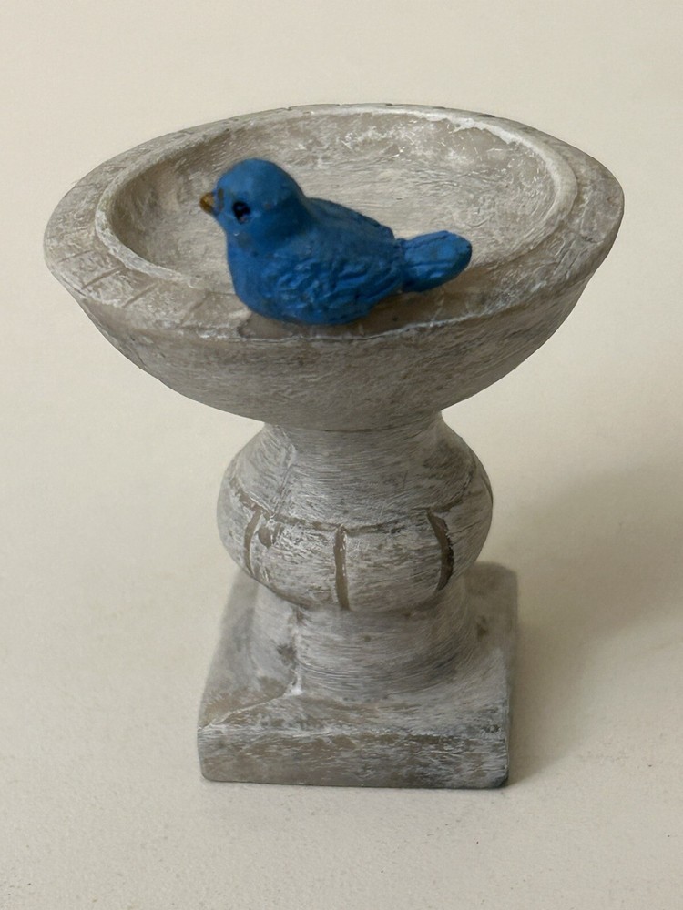 Miniature Bird Bath W/ Blue Bird Dollhouse Resin Fairy Garden Christmas Village