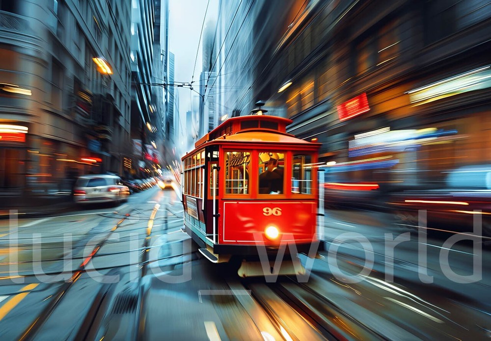 AI Art Red Trolley Street Car Digital Wallpaper for Desktop Background-image