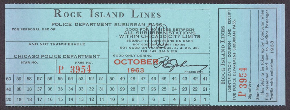 Rock Island Lines Police Department Suburban Pass Chicago City Limits 10 1963
