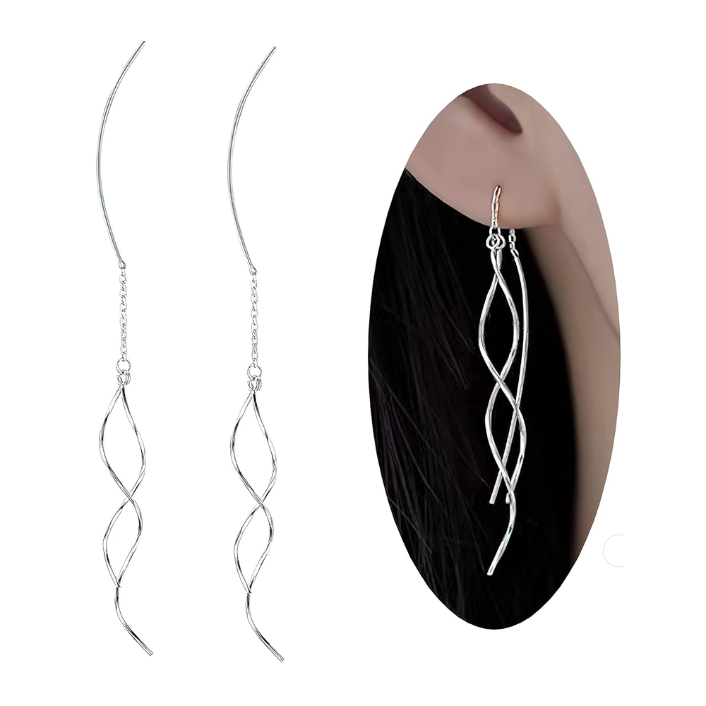 Stylish 925 Sterling Silver Handmade Twisted Long Threader Earrings