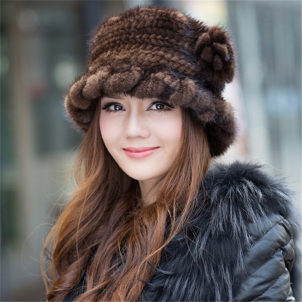 100% Genuine Knitted Mink Fur Hat Women Cap Headgear Winter Tuque Beanie Hats