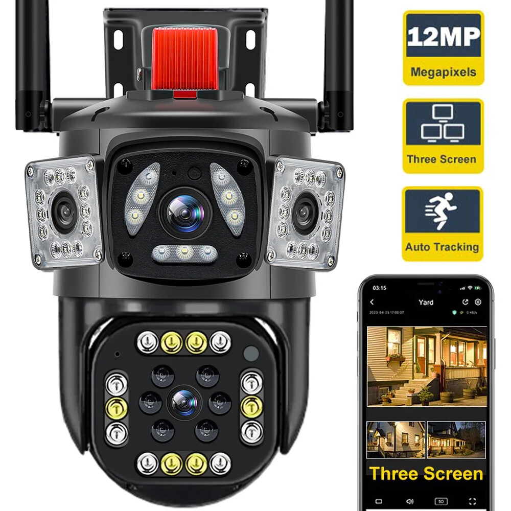 6K 12MP WiFi Camera Motion Tracking PTZ Zoom Three Screen Security Protection