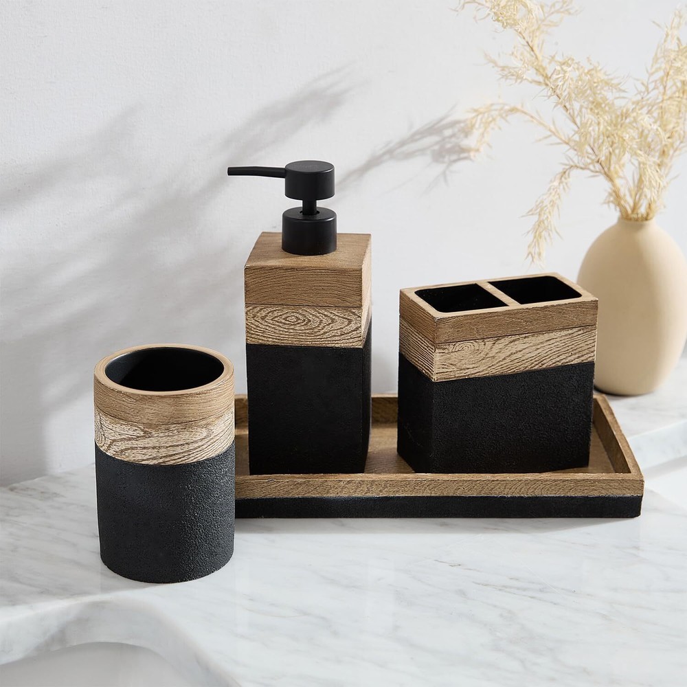 Tahari Home - Bathroom Set, Resin Countertop Accessories, Black/Faux Wood