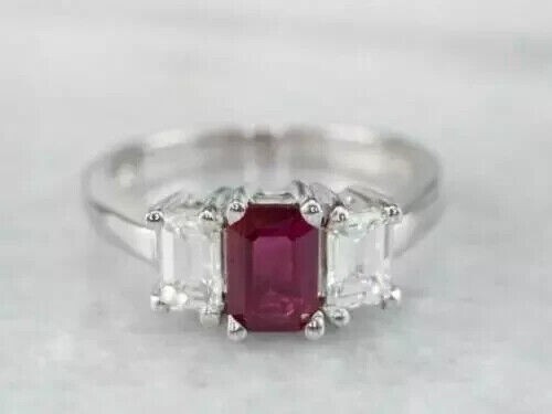 14K White Gold Plated 3Ct Emerald Cut Simulated Ruby and Diamond Three Stone Ring