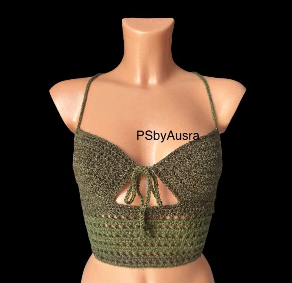 Crochet Top Boho Holiday Halter Cami Tank Tops psbyausra Green