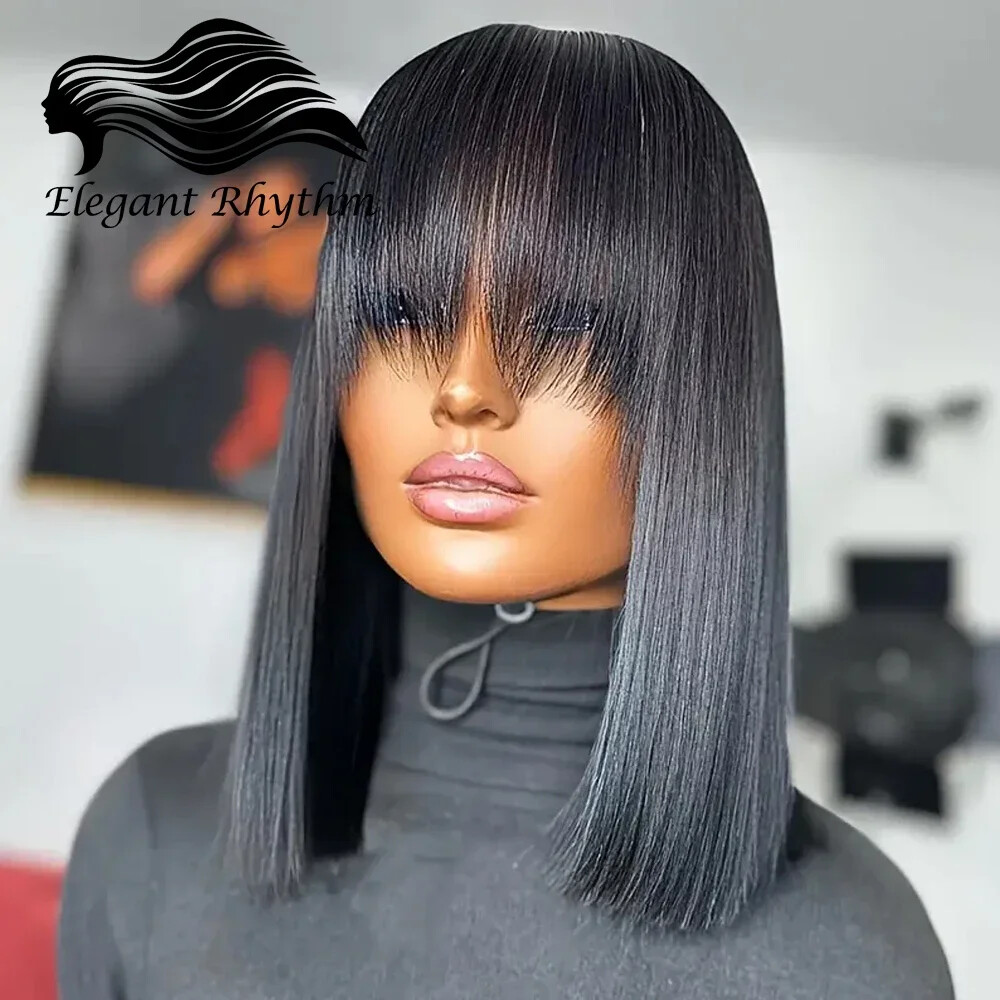 Glueless Brazilian Straight Bob Wig with Bangs Full Machine Made Remy Human Hair