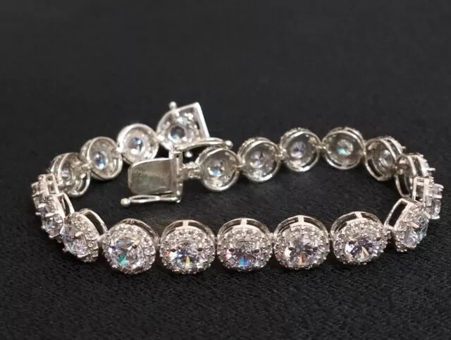 11CT Round Cut Lab Created Diamond Halo Womens Bracelet 14k White Gold Finish