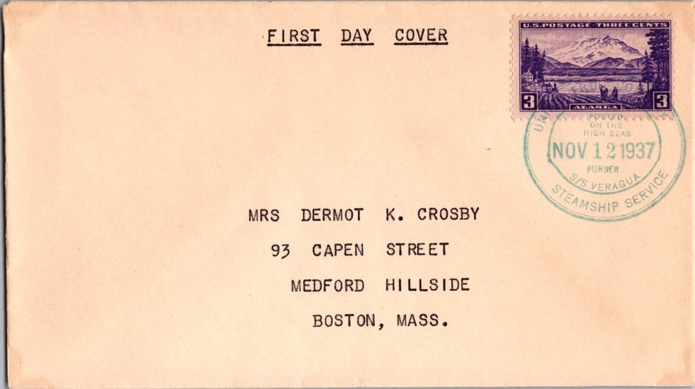 1937 USA Alaska SS Veragua United Fruit Co First Day Cover FDC to MA  