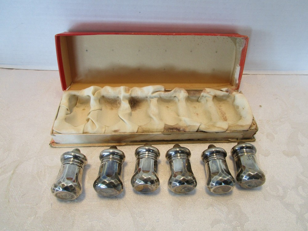 Antique 6 piece  Set Sterling Silver Salt and Pepper Shakers Boxed 1930's