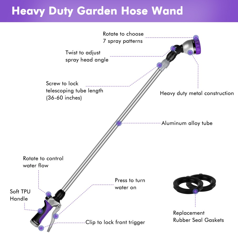 36-Inch Extendable Garden Hose Nozzle with 7 Spray Patterns for Easy Watering
