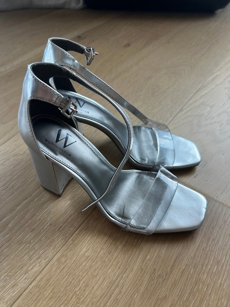 Worthington Block Silver Heels Clear Toe Strap Size 6.5