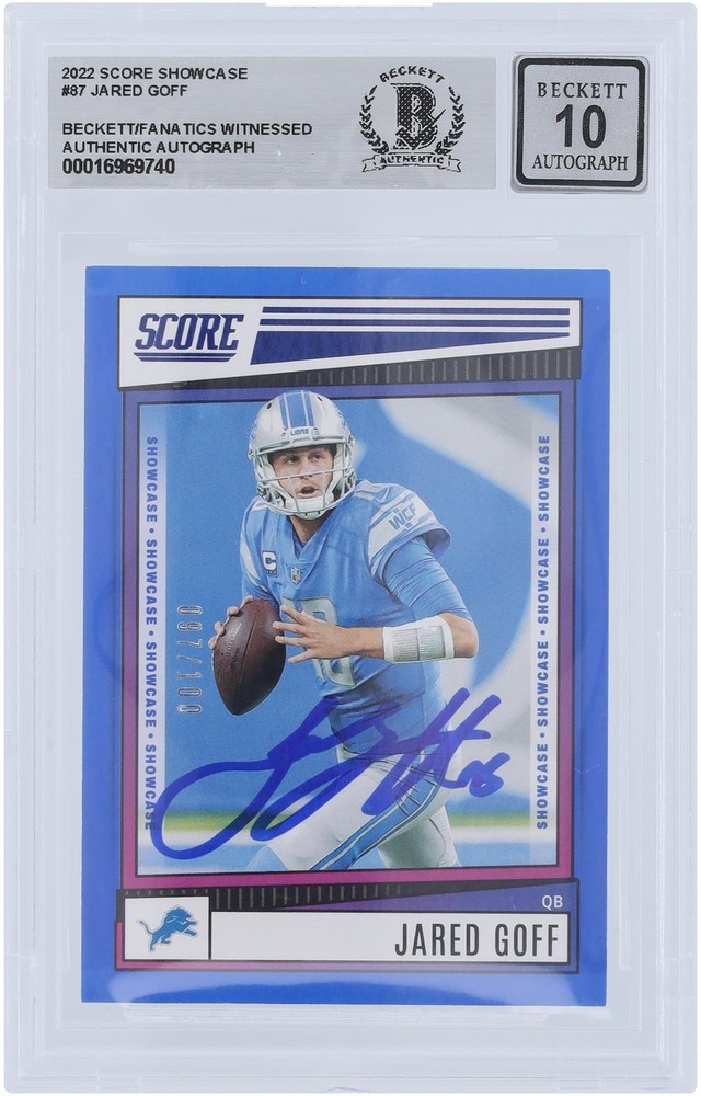 Jared Goff Detroit Lions Signed 2022 Panini Score Showcase #87 #/100 BAS 10 Card