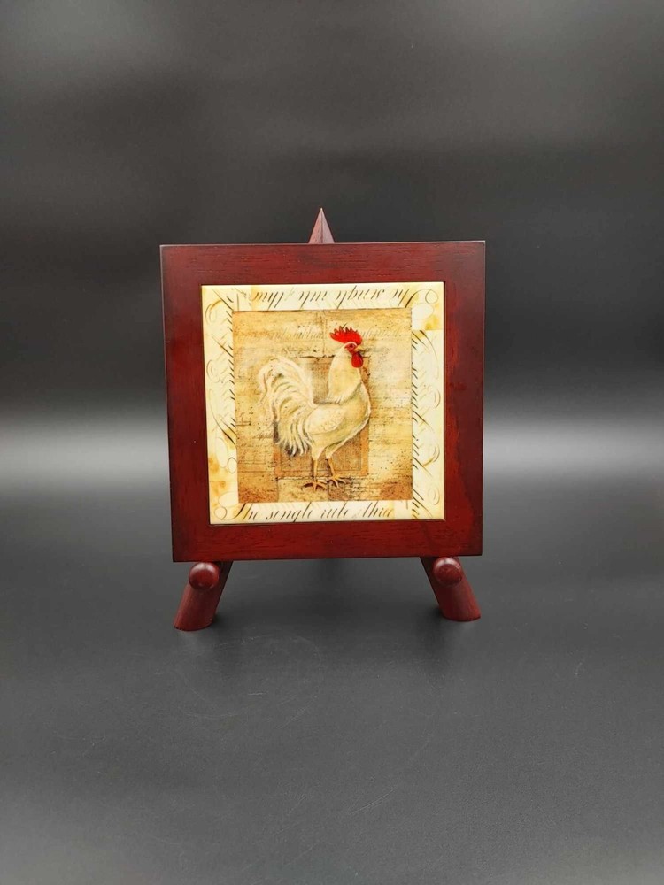 Rooster Chicken Ceramic Tile Trivet Wood Framed w/ Wood Display Easel Wall Decor