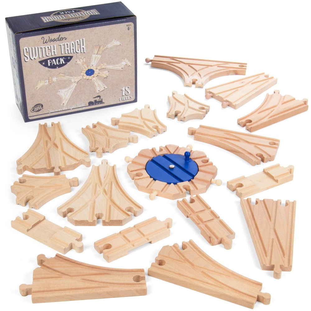 Switch Track Wooden Train Set (18 pcs.) - 8 Way Turntable Rail Station Access...