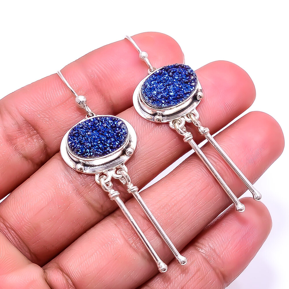 Electric Blue Titanium Agate Drusy Handmade 925 Sterling Silver Earring 2.22