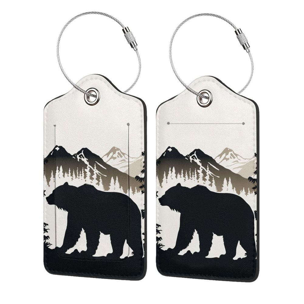Bear and Mountain Leather Luggage Tag with Stainless Steel Ring, Fun Name Id ...