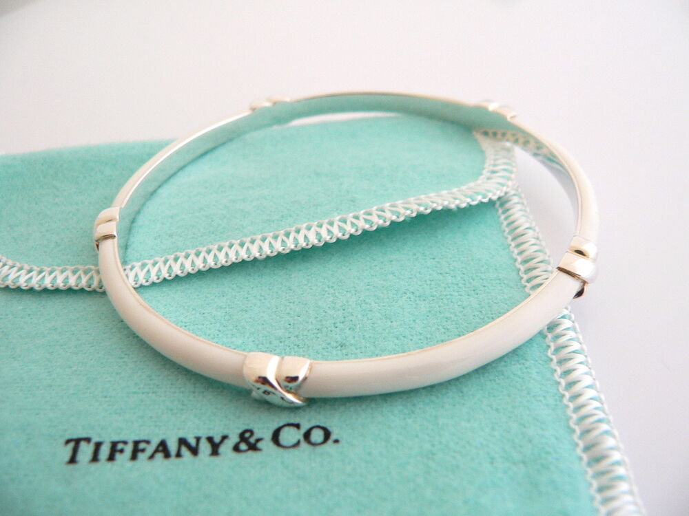 Tiffany & Co Signature X Bangle Silver White Enamel Bracelet Love Gift Pouch Art