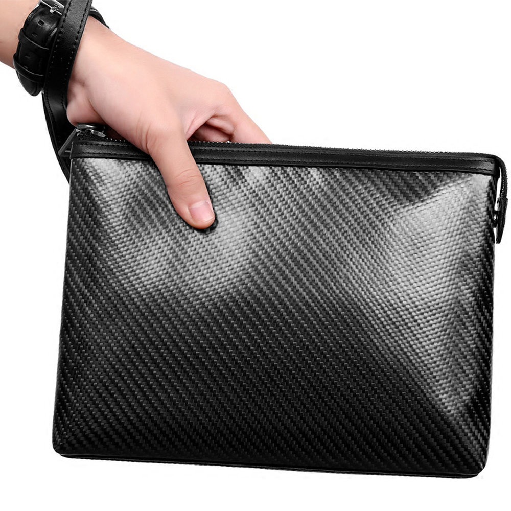 100% Real Carbon Fiber Mens Handbag Business Bag Men RFID Blocking Zipper Wallet