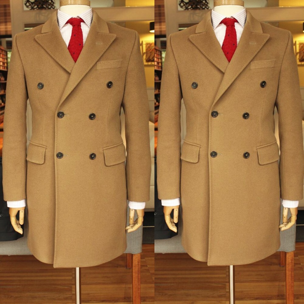 Brown Cashmere Men's Overcoat Double Breasted Peak Lapel Winter Warm Long Jacket