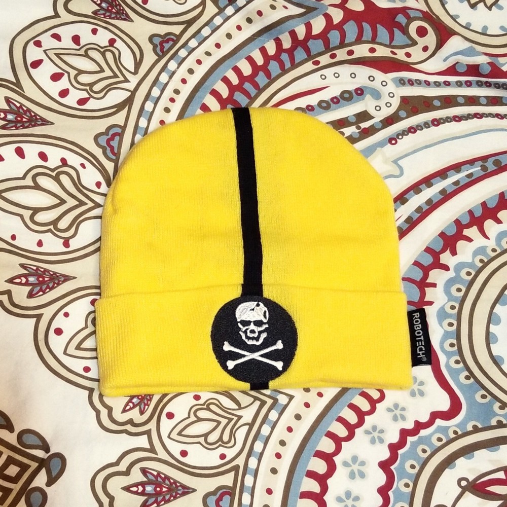 NWOT Robotech Anime Yellow Black Stripe Skull Logo Beanie