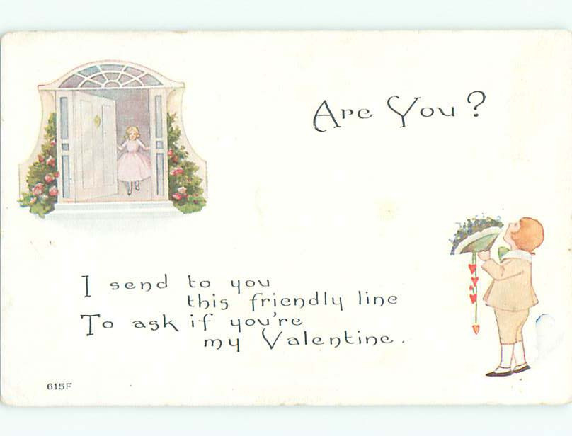 Pre-Linen valentine GIRL AT THE DOOR TO GREET BOY WITH FLOWERS : 60k cards J0947