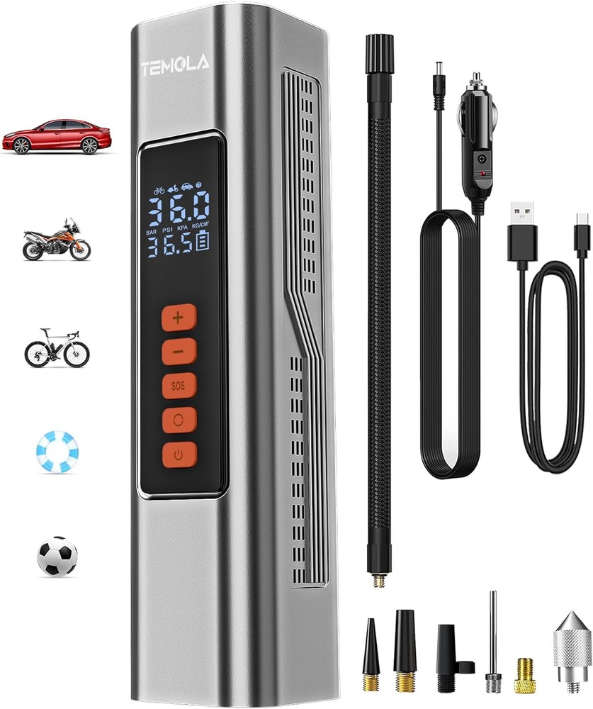TEMOLA Silver Portable Air Compressor for Car Tires Fast Inflation