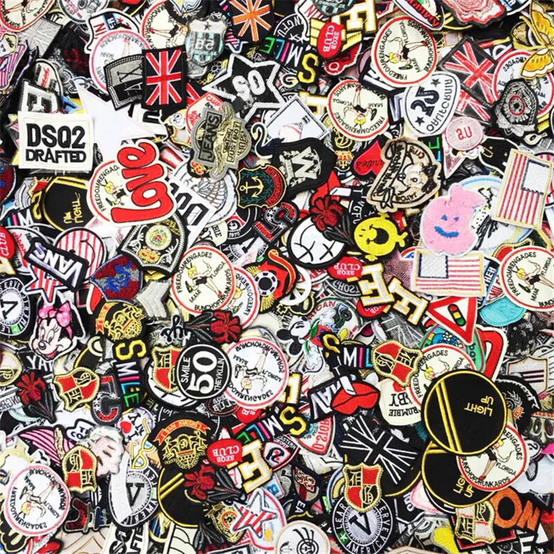100pcs/lot Random Mix Iron On and Sew-On Badge Patches for Fashion Clothes