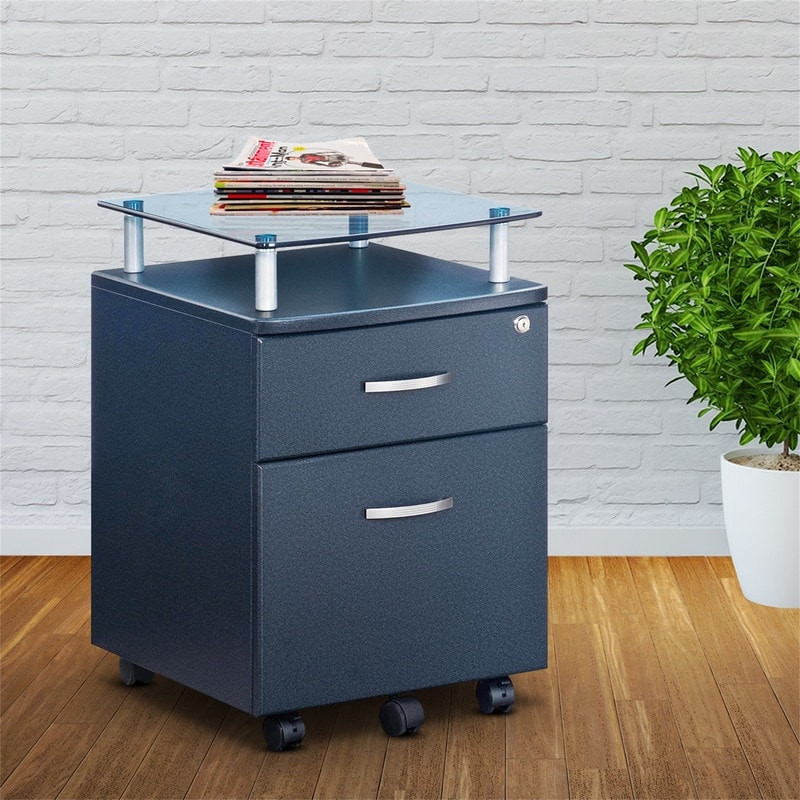Mobile File Cabinet with 2 Drawers&Glass Top,Navy Blue