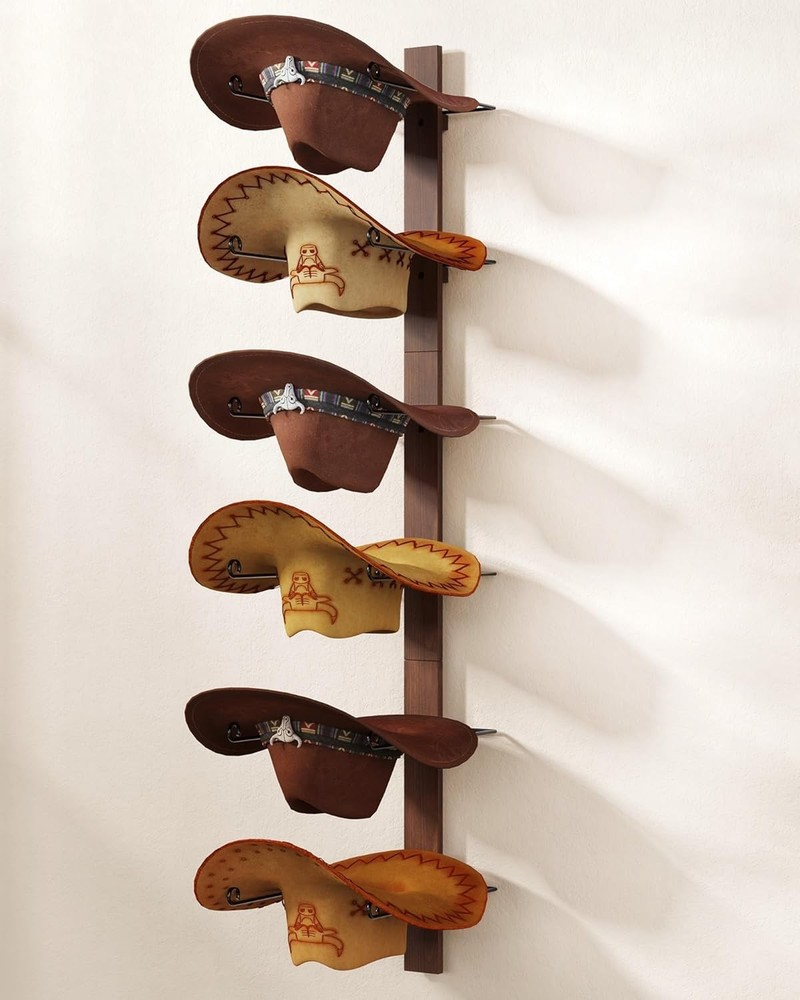 Cowboy Hat Rack for Wall, Holds up to 6 Hats, Wooden & Metal Rustic Organizer