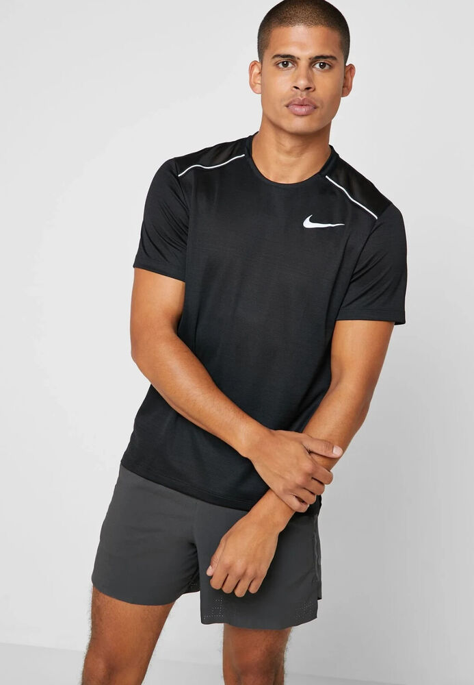 Nike Dri-FIT Miler Mens Short Sleeve Running Training Gym Shirt Top Black Medium
