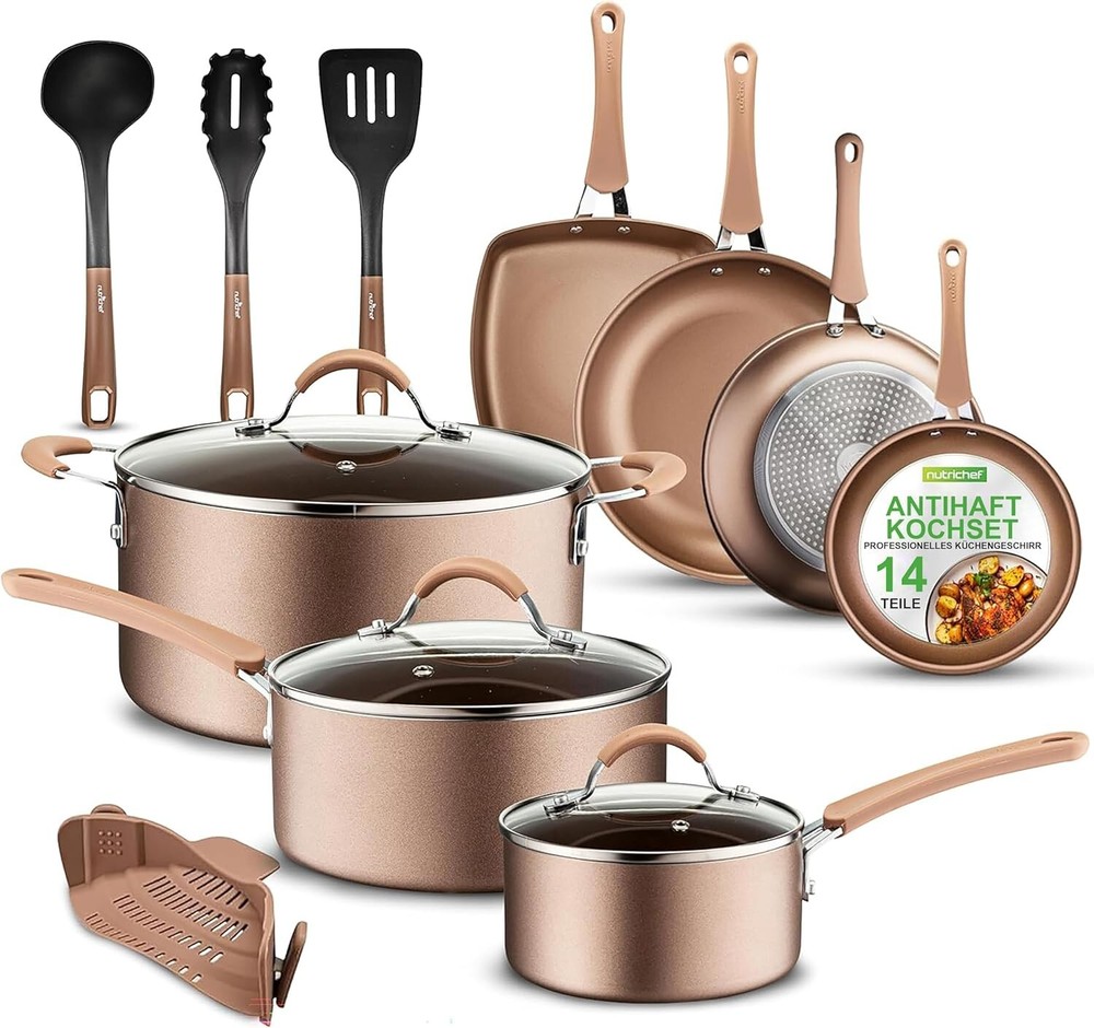 Elegant 14-Piece Nonstick Cookware Set with Cool-Touch Handles & Glass Lids