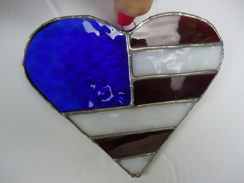 American Flag Stained Glass Patriotic Heart Country Decor Red White Blue USA