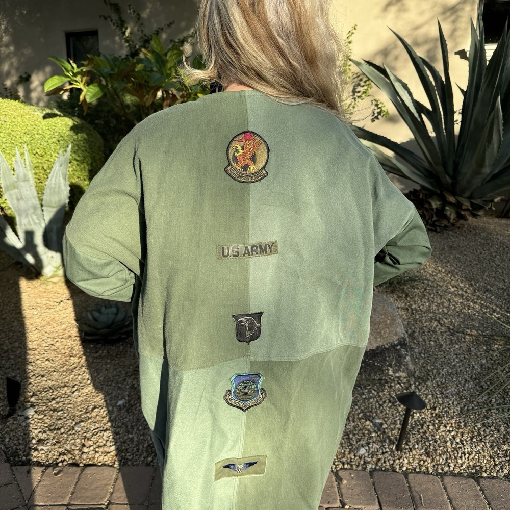 Riley Olive Green Studded Army Duster Coat M/L Military Patch Boho Jacket