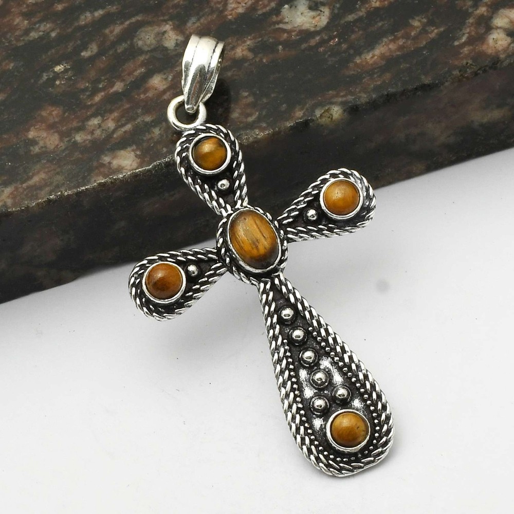 Tiger Eye Gemstone Ethnic Handmade Cross Pendant Jewelry Wedding Gift  AP-15790