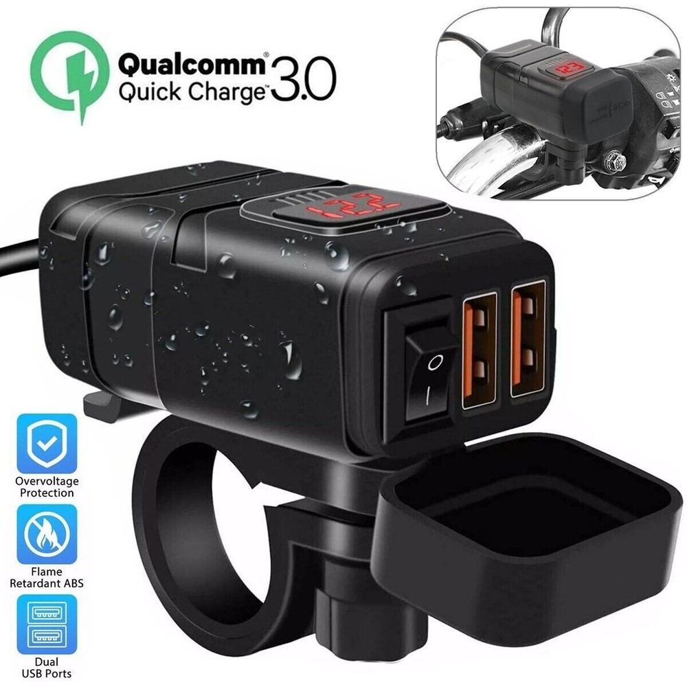 QC 3.0 Waterproof IPX7 LED Motorcycle Dual USB Fast Charger for Phones GPS  