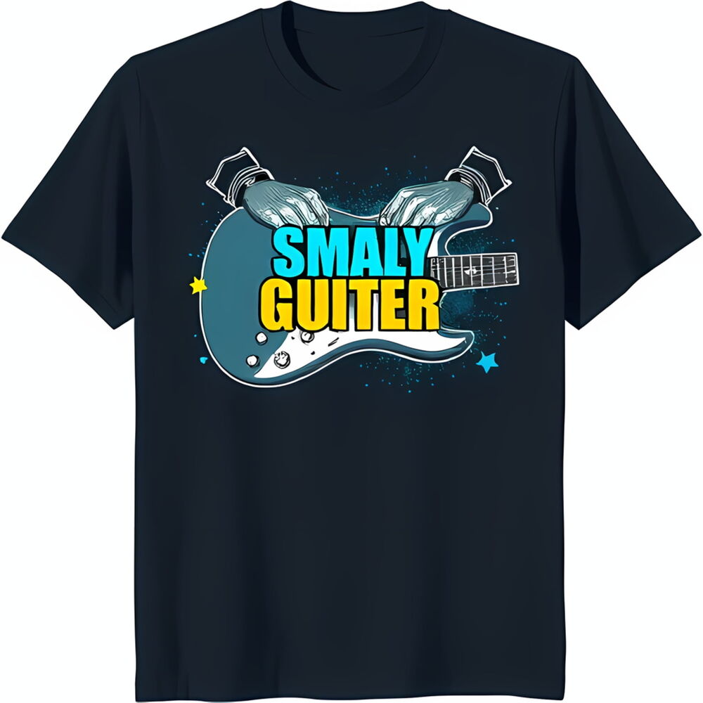 Cool Black T-Shirt with Cartoon Graphic & Hands 'SMALY GUITER' Design