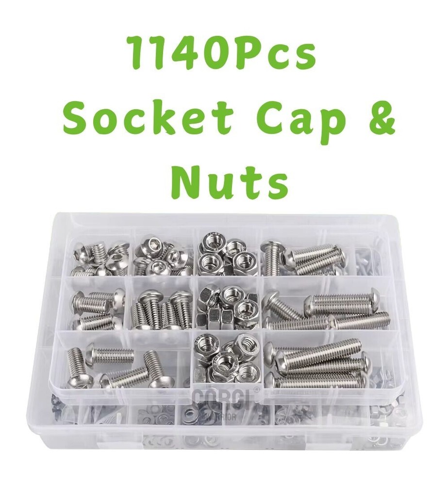 1140Pcs Metric Screws Assortment Kit, M1.6 to M8 Socket Cap & Nuts