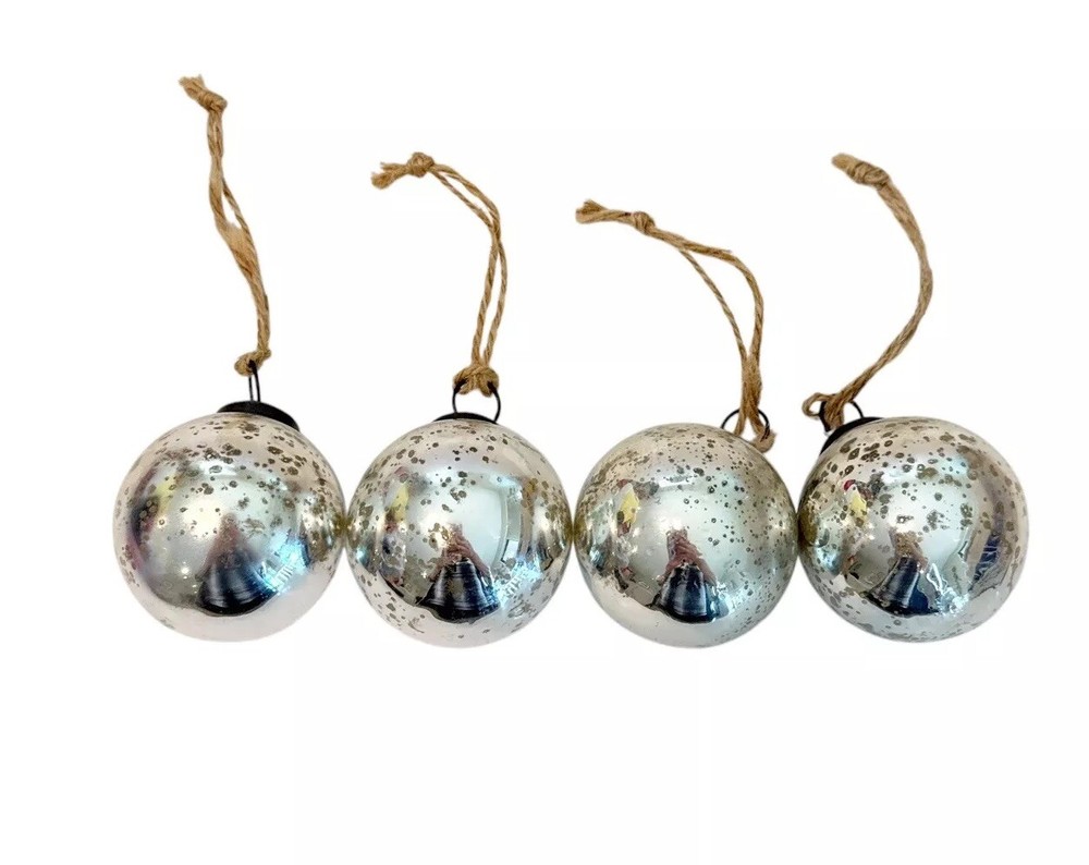 Set of 4 Glass Mercury Ball Christmas Ornaments Silver Crackled Kugel Style Vtg