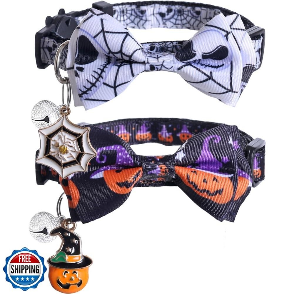 Halloween Breakaway Cat Collar with Adjustable Cute Bow Tie and Bell for Kitties