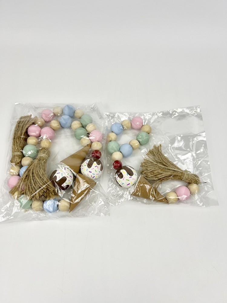 Colorful Pastel Wooden Beaded Ice Cream Cone Garland - 31 Inch Lot of 2