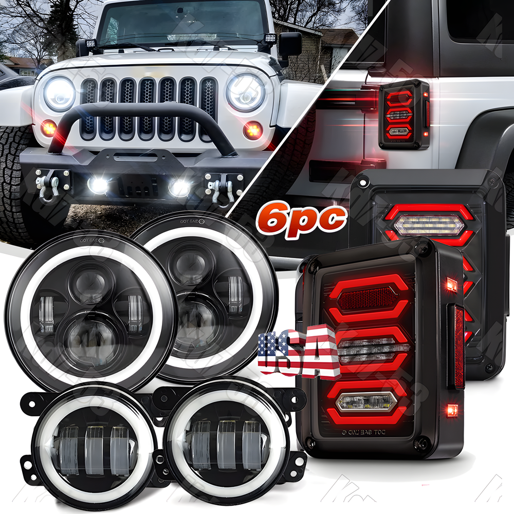 Jeep Wrangler JK 07-18 7in LED Halo Headlight Fog Tail Lights Smoked Kit Bundle