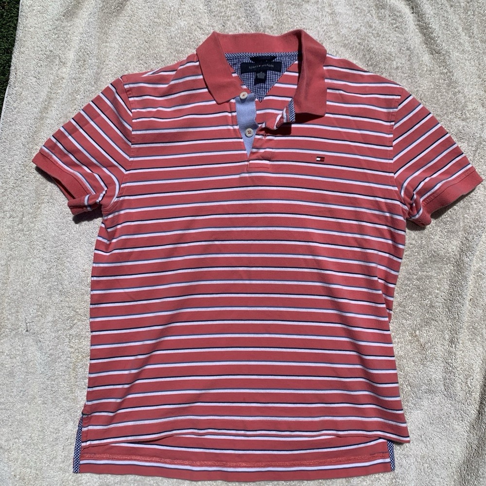 Tommy Hilfiger Men's Striped Salmon Pink Polo Shirt Size M