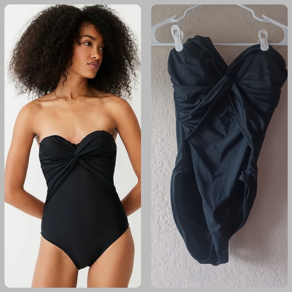 J Crew black twist front bandeau one piece swimsuit size 6 new with tags