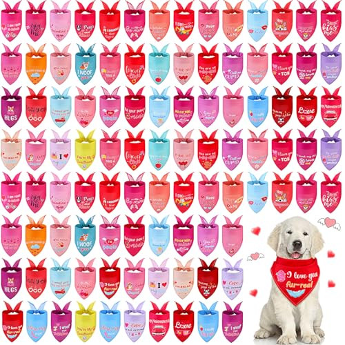 100-Piece Valentine's Day Dog Bandanas - Cute Pet Bibs with Sayings for Pets